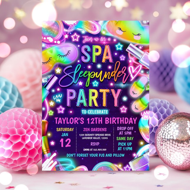 Spa Sleep-under Neon Spa And Sleep-under Birthday Invitation (Creator Uploaded)