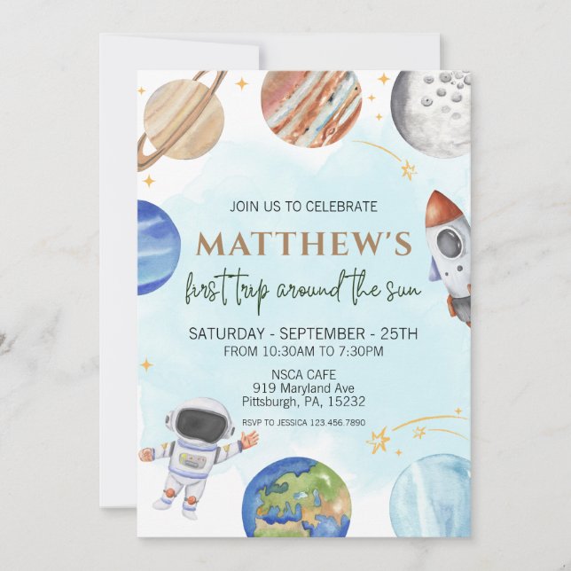 Space 1st Birthday Party First Trip Around The Sun Invitation (Front)