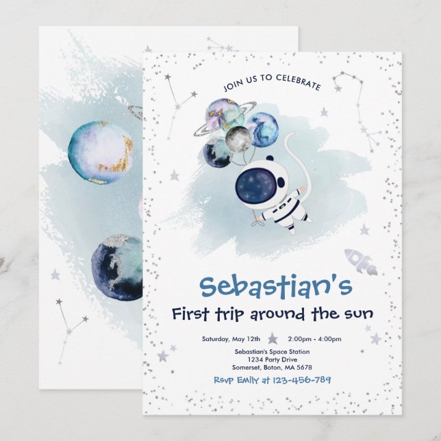 Space 1st Birthday Party First Trip Around The Sun Invitation (Front/Back)
