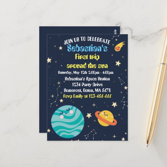 Space 1st Birthday Party First Trip Around The Sun Postcard (Front/Back In Situ)
