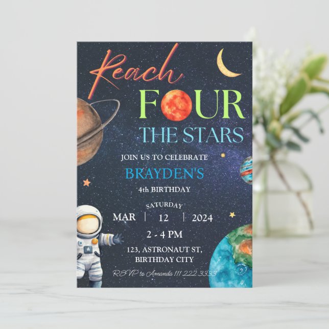 Space 4th Reach Four The Stars Galaxy Birthday Invitation (Standing Front)