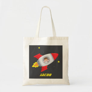Space Adventure Boy Rocket Kids Name Tote Bag