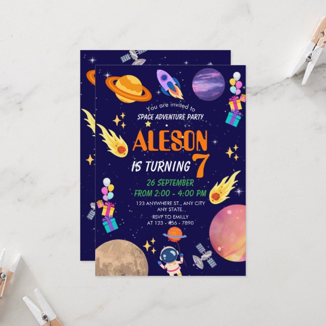 Space Adventure Invitation d'anniversaire pour les (Devant/Arrière en situation)