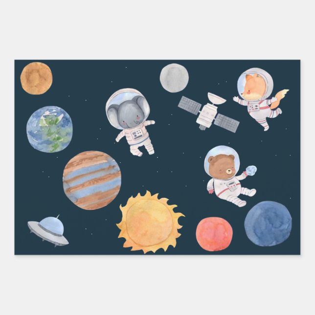 Space Adventure: Planets and Animals Astronauts Wrapping Paper Sheet (Front)