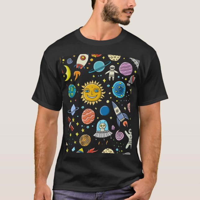 Space adventure: planets, rockets pattern. T-Shirt (Front)