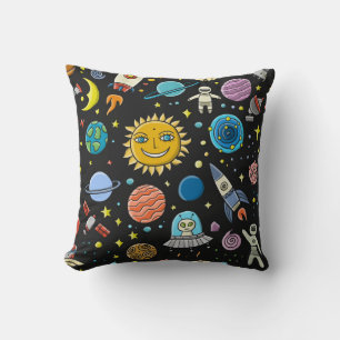 Space adventure: planets, rockets pattern. throw pillow