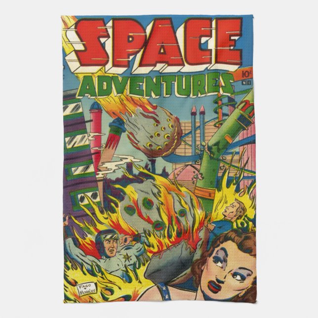 SPACE ADVENTURES RETRO COMICS KITCHEN TOWEL (Vertical)