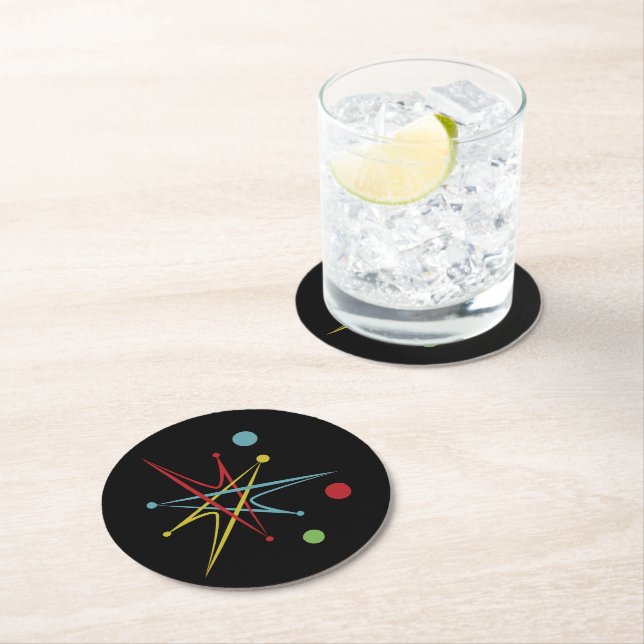 Space Age Atomic Retro Dot Custom Colours Round Paper Coaster (Insitu)