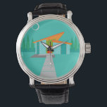 Space Age Cartoon Leather Watch<br><div class="desc">This Space Age Cartoon House Leather Watch is a retro lover’s dream come true. The minimalist art design features an aqua stone house with large, peacock blue windows. Hanging from the atomic, slanting, orange roof, a yellow sputnik light fixture illuminates the front door. The recessed red front door with starburst...</div>