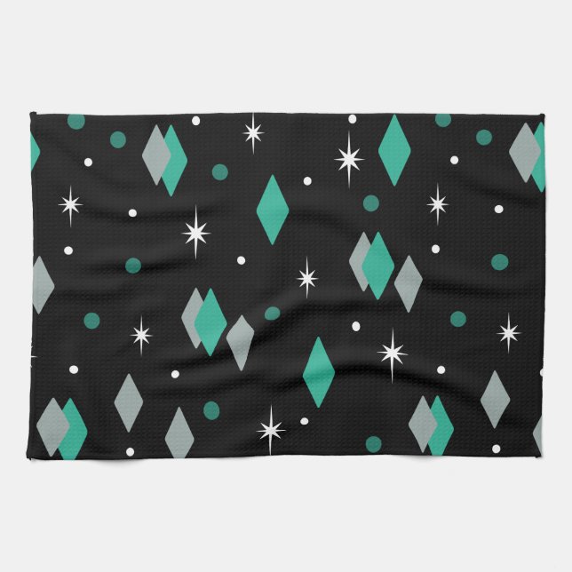 Space Age Diamonds Turquoise Black Kitchen Towel (Horizontal)