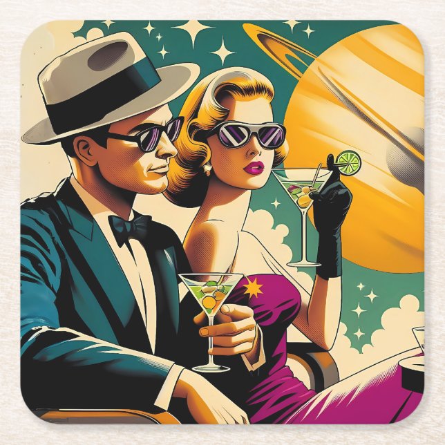 Space Age Las Vegas Martini Gangster Party Square Paper Coaster (Front)