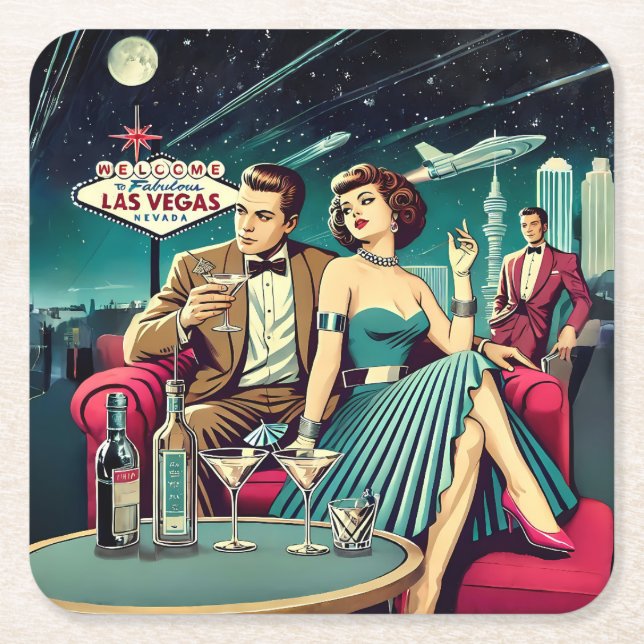 Space Age Las Vegas Martini Party Square Paper Coaster (Front)