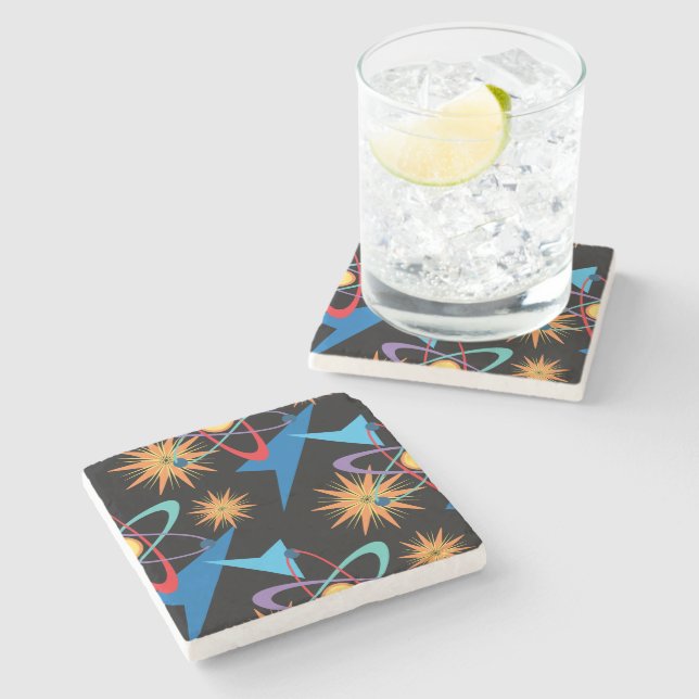 Space Age Retro Multicolored Pattern Stone Coaster (Side)