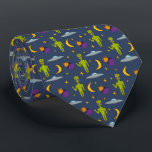 Space Aiens and Flying Saucers Sci-Fi Themed Tie<br><div class="desc">Add an out-of-this-world touch to any outfit with this patterned neck tie. Illustrations of little green space aliens,  flying saucer,  moons,  stars and planets are set against a navy blue background. The reverse side has a coordinating pattern of yellow stars against a purple background.</div>