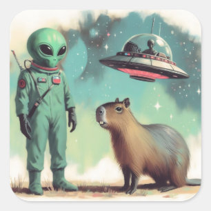 Space Alien and Capybara Retro UFO Illustration Square Sticker
