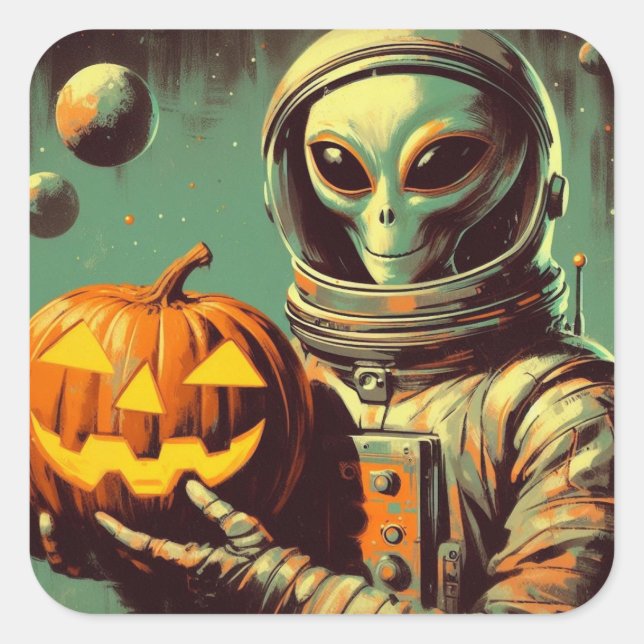 Space Alien and Jack-o'-lantern Retro Illustration Square Sticker (Front)