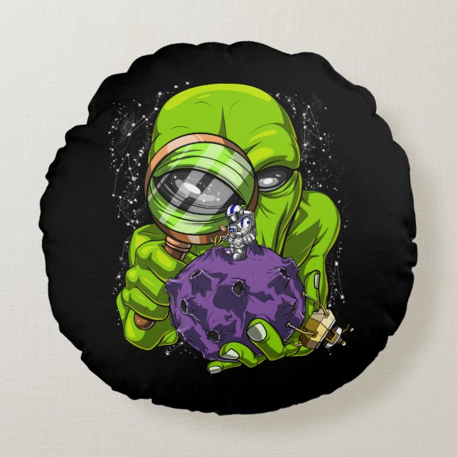 Space Alien Astronaut Abduction UFO Conspiracy Round Pillow (Front)