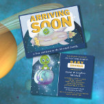 Space Alien Baby Shower Invitation<br><div class="desc">Adorable baby shower invitation announces an upcoming arrival! The front holds a rocket ship with a small alien baby at the controls. Update the bottom line of text that currently reads "a new addition to the (name) family". The reverse holds another design with our small alien baby sitting atop a...</div>