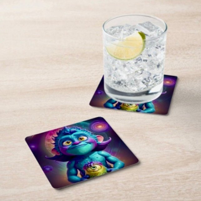 Space Alien & Friend  Square Paper Coaster (Coasters D: 4" x 4" Material: Sturdy 50 pt. pulp board.  Set of 6. Durable, and absorbent. 
)