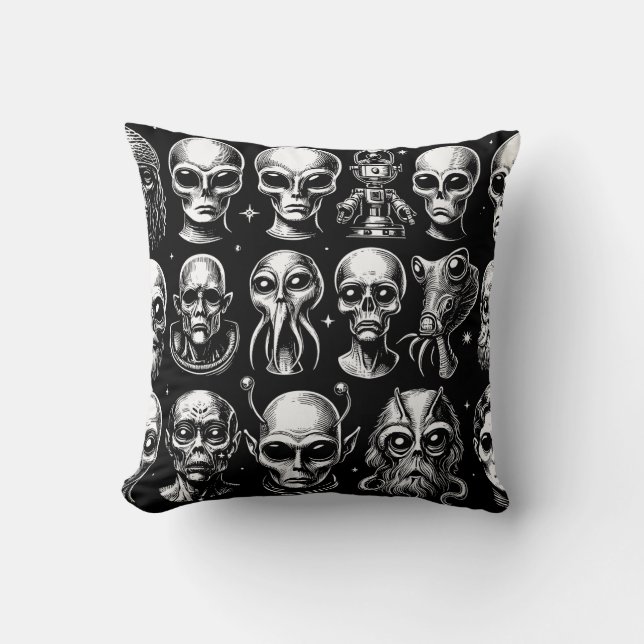 Space Alien Heads Extraterrestrial Sci Fi Throw Pillow (Front)
