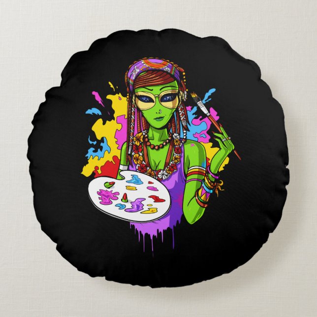 Space Alien Hippie Painting Artist Round Pillow (Front)