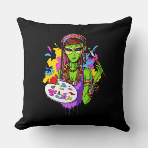 Space Alien Hippie Painting Artist Throw Pillow