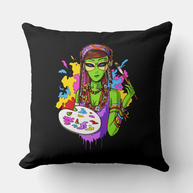 Space Alien Hippie Painting Artist Throw Pillow (Front)