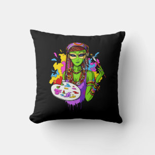 Space Alien Hippie Painting Artist Throw Pillow