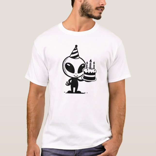 Space Alien Holding a Birthday Cake Sci Fi T-Shirt (Front)