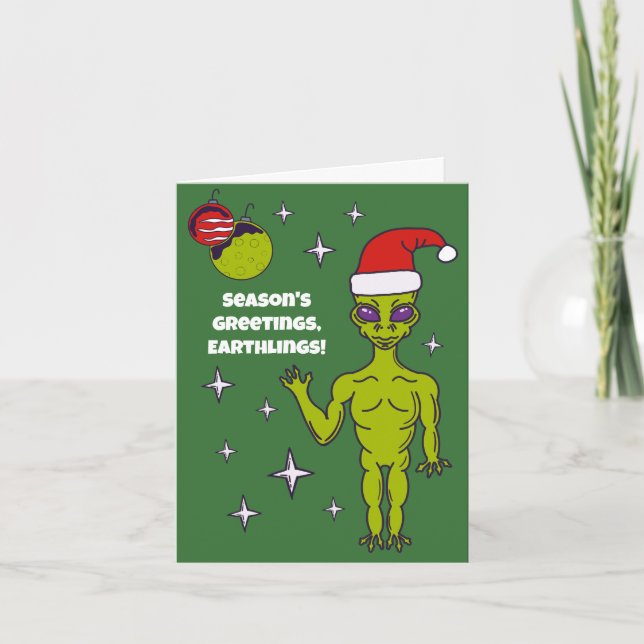 Space Alien in a Santa Hat Personalized Christmas Card (Front)