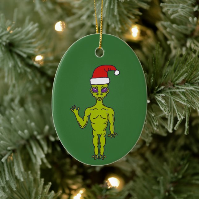 Space Alien in a Santa Hat Personalized Christmas Ceramic Ornament (Tree)