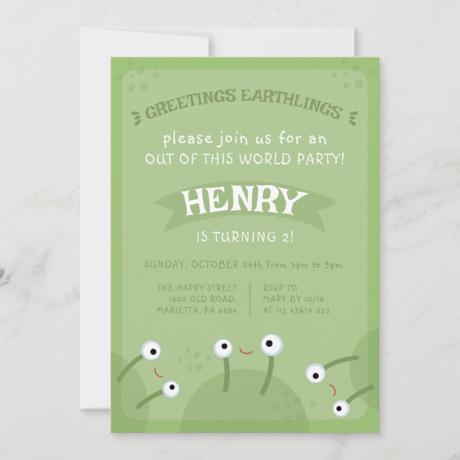 Space Alien Invitation for Birthday Party UFO (Devant)