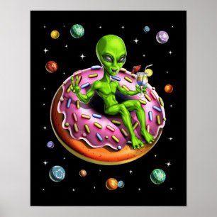 Space Alien Riding Doughnut Poster