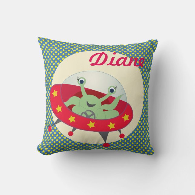 Space alien ufo pillow, personalize with name throw pillow (Front)