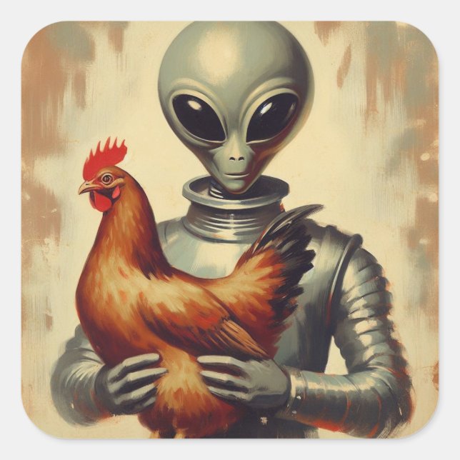 Space Alien Vintage Painted Illustration Square Sticker (Front)