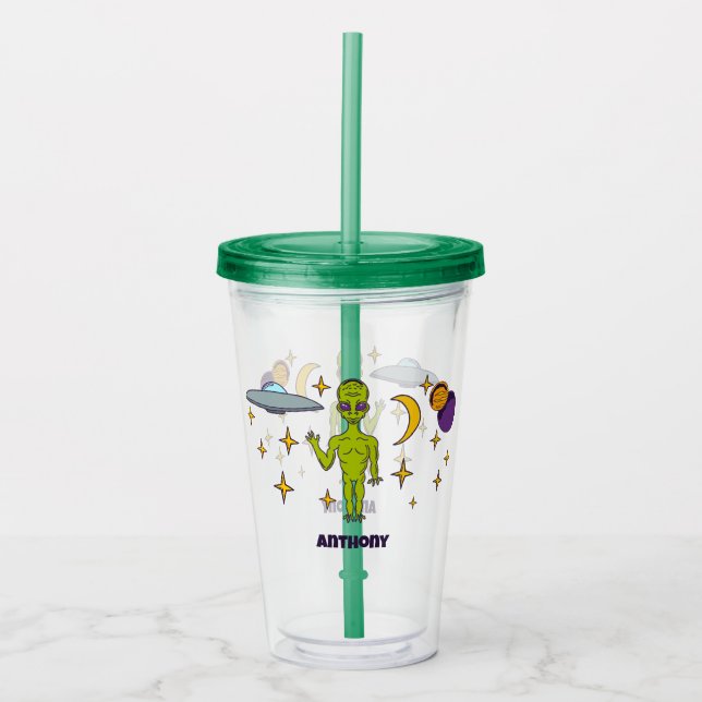 Space Alien with Flying Saucer Personalized Acrylic Tumbler (Front)