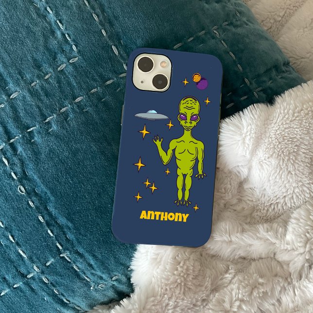 Space Alien with Flying Saucer Personalized iPhone Case (Creator Uploaded)