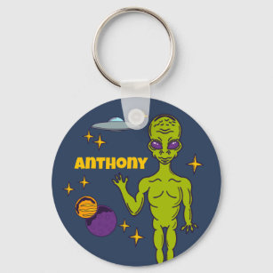 Space Alien with Flying Saucer Personalized Keychain