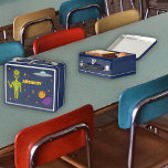Space Alien with Flying Saucer Personalized Metal Lunch Box<br><div class="desc">Create an out-of-this-world personalized gift. This lunchbox features illustrations of a lime green space alien,  a ufo or flying saucer,  stars,  a moon and planets and is ready to be personalized with a name.</div>