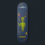 Space Alien with Flying Saucer Personalized Skateboard<br><div class="desc">Create an out-of-this-world personalized gift. This skateboard deck features illustrations of a lime green space alien,  a ufo or flying saucer,  stars,  a moon and planets and is ready to be personalized with a name.</div>