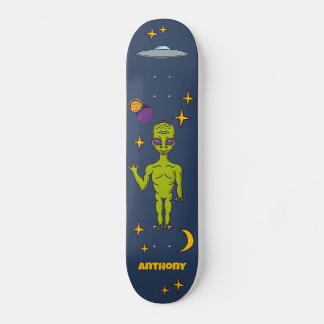 Space Alien with Flying Saucer Personalized Skateboard (Front)