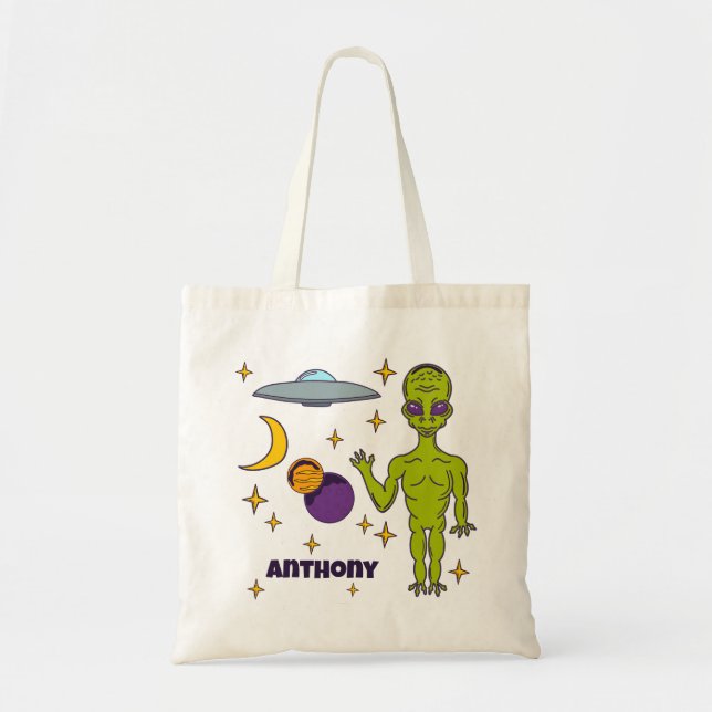 Space Alien with Flying Saucer Personalized Tote Bag (Front)