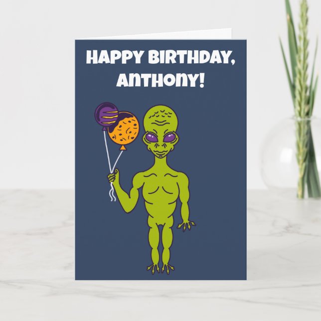 Space Alien with Planet Balloons Happy Birthday Card (Front)