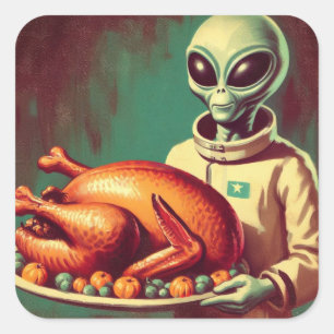 Space Alien with Thanksgiving Turkey Retro Square Sticker