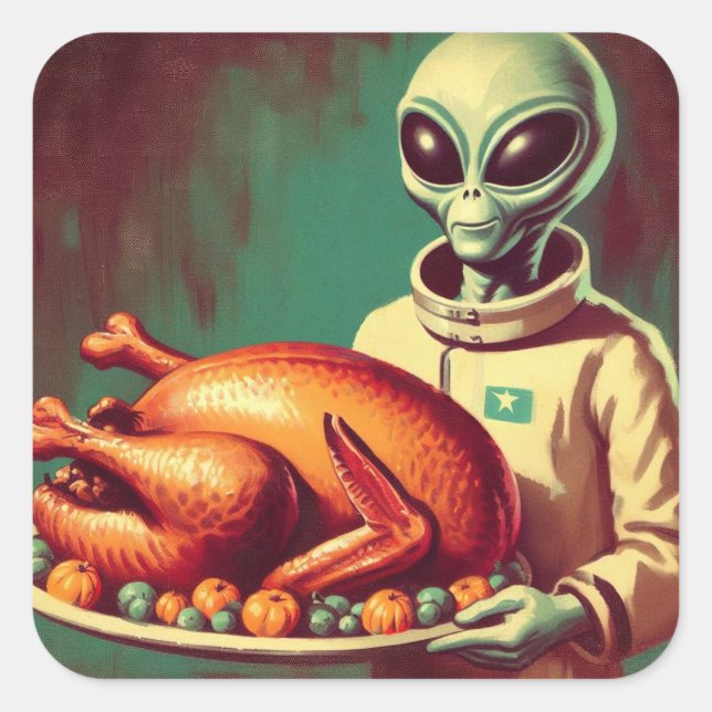 Space Alien with Thanksgiving Turkey Retro Square Sticker (Front)