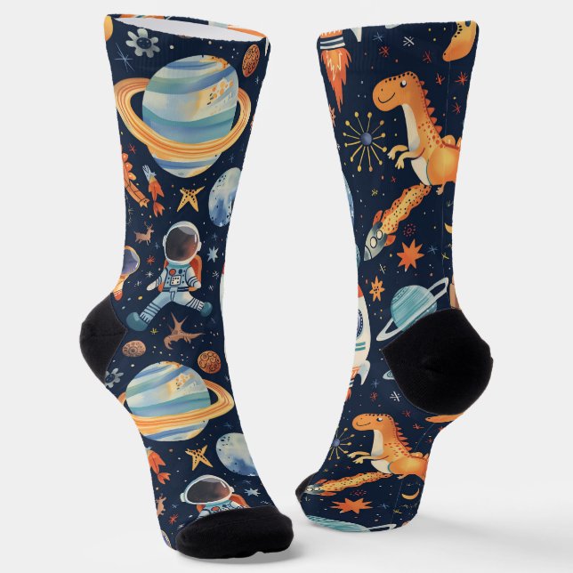 Space and Dinosaur Drawings on Dark Blue Socks (Angled)