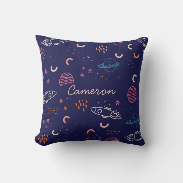 Space and Planets Doodle in Blue Personalized Throw Pillow (Front)