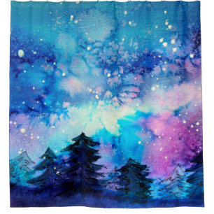 Space art at watercolor with night sky and trees