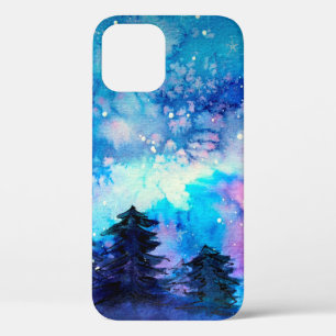Space art at watercolor with night sky and trees iPhone 12 case