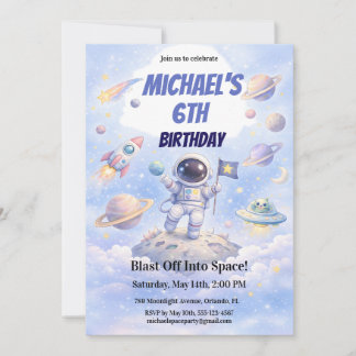 Space Astronaut 6th Birthday Outer Space Galaxy  Invitation